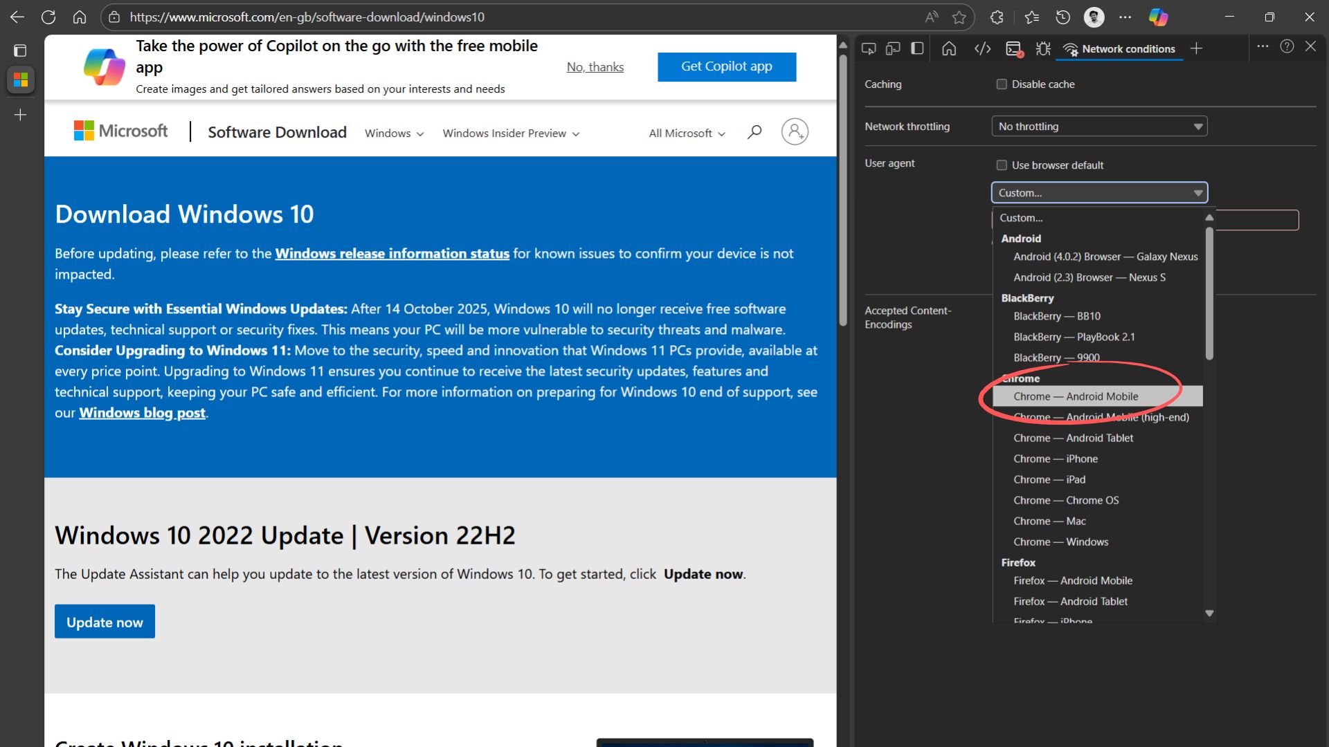 Select Android in Developer tools