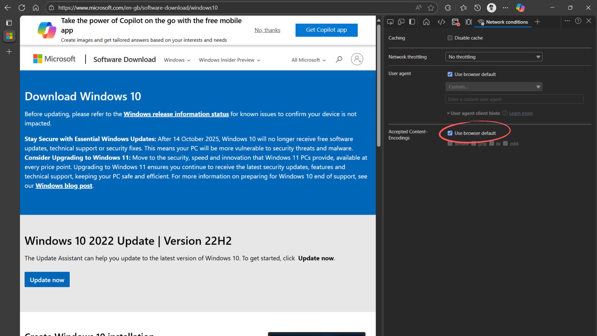 Change user agent to download Windows 10