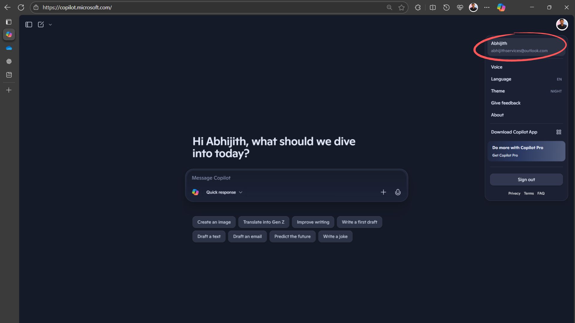 Microsoft Copilot profile tab