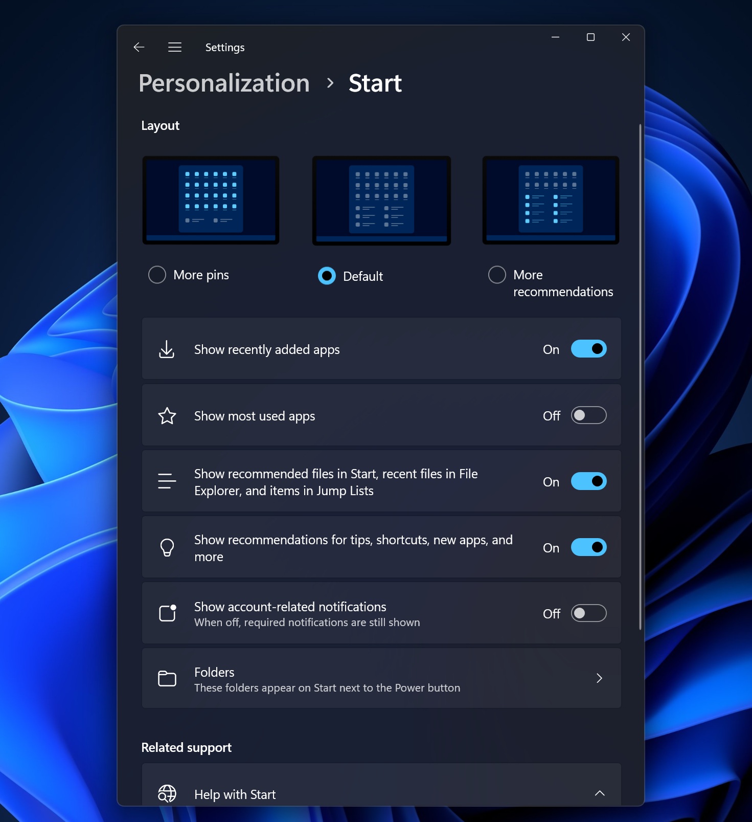 Windows 11 Start menu settings