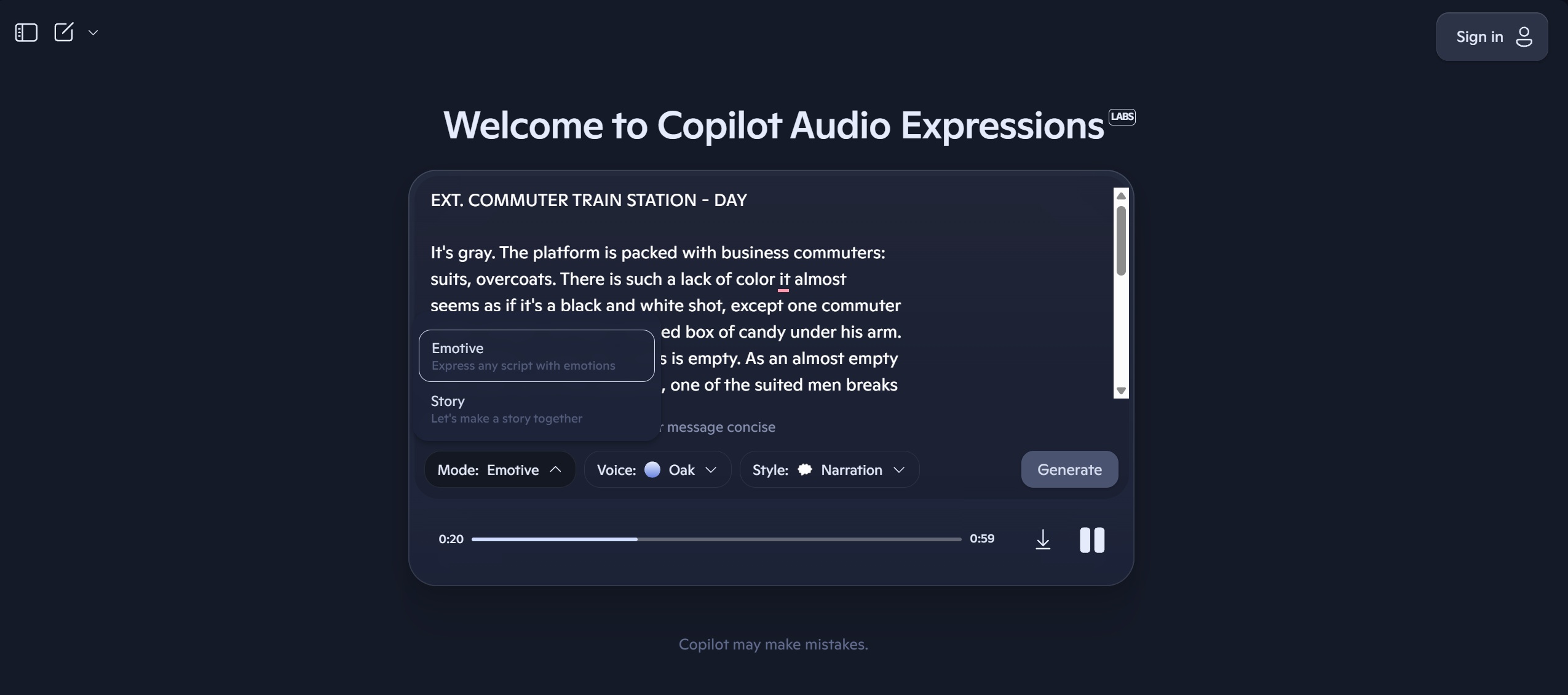selecting copilot audio mode