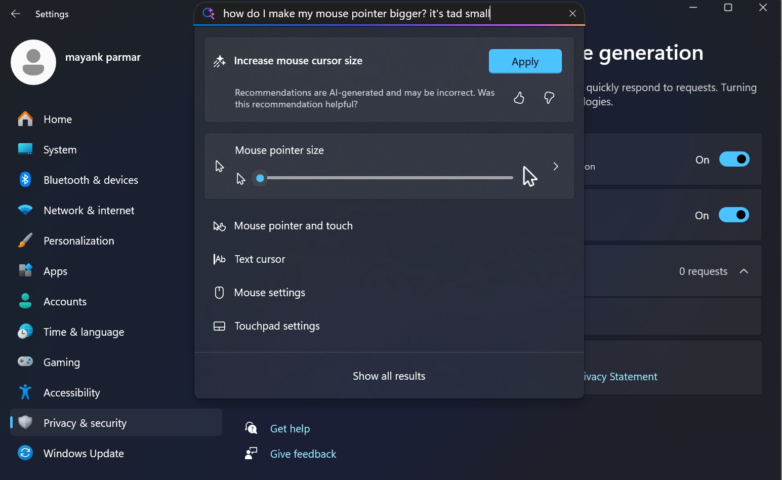 AI in Windows Settings Search for Windows 11 24H2