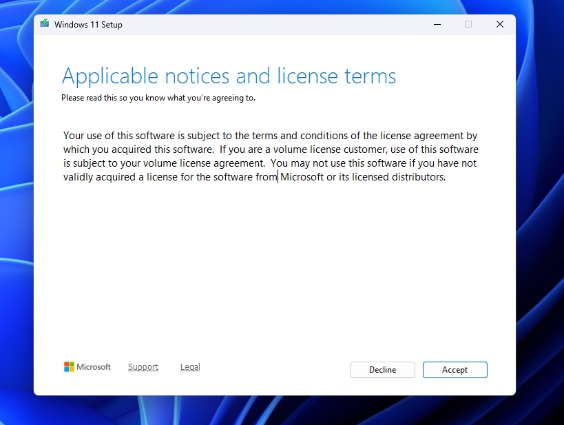 Accept Windows 11 setup terms