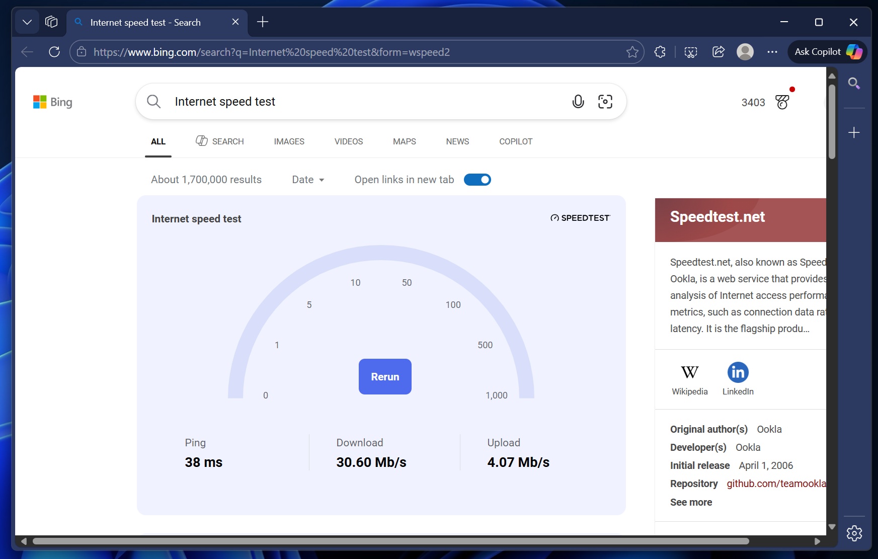 Bing internet speed test toool