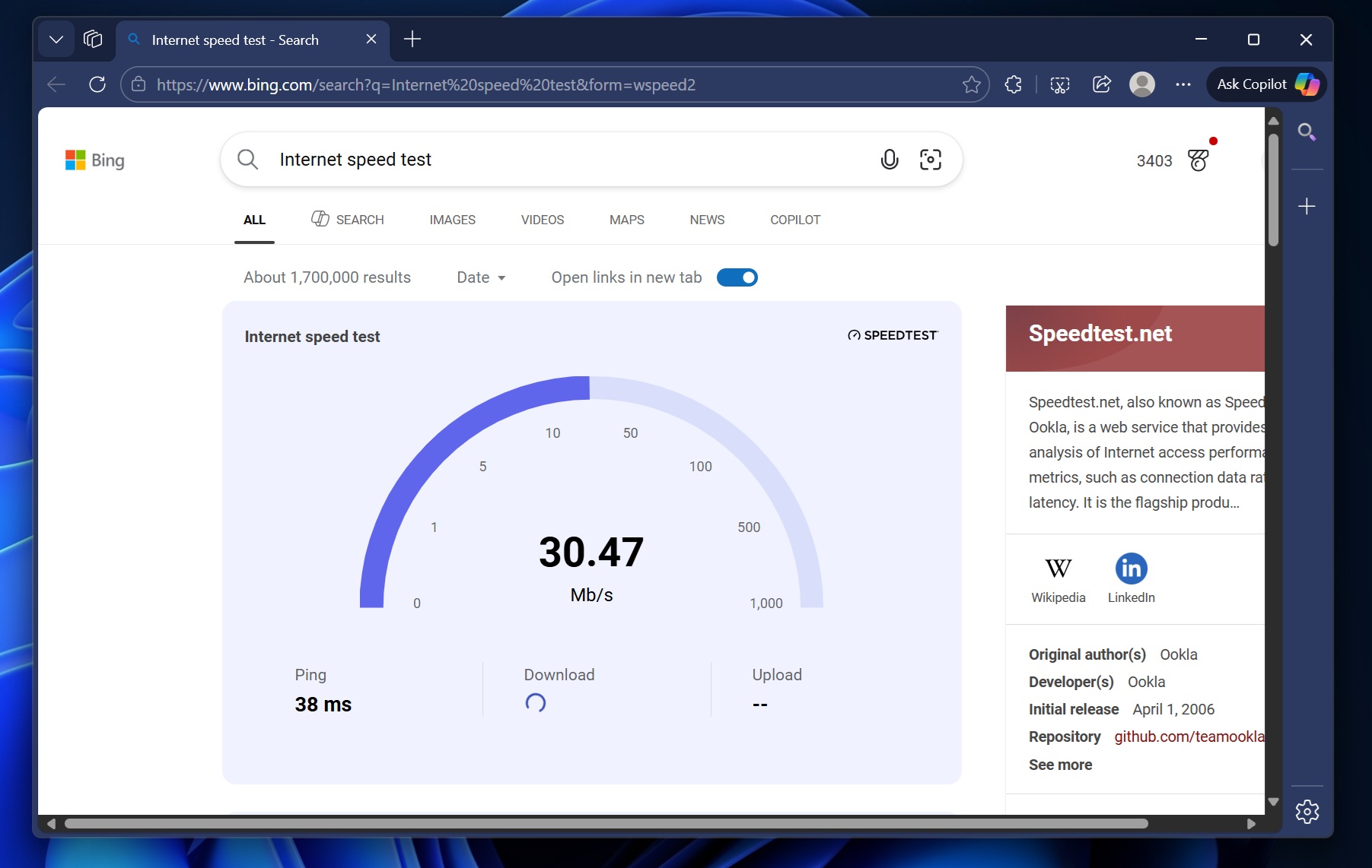 Bing internet speed test