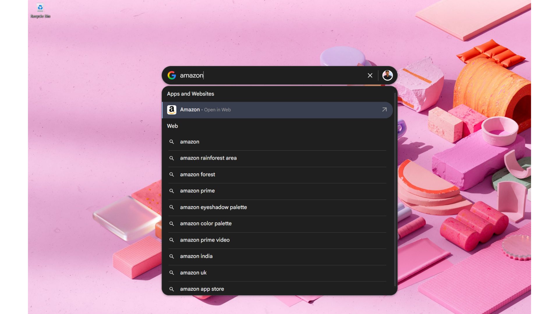 Apps and websites result in Google Windows app
