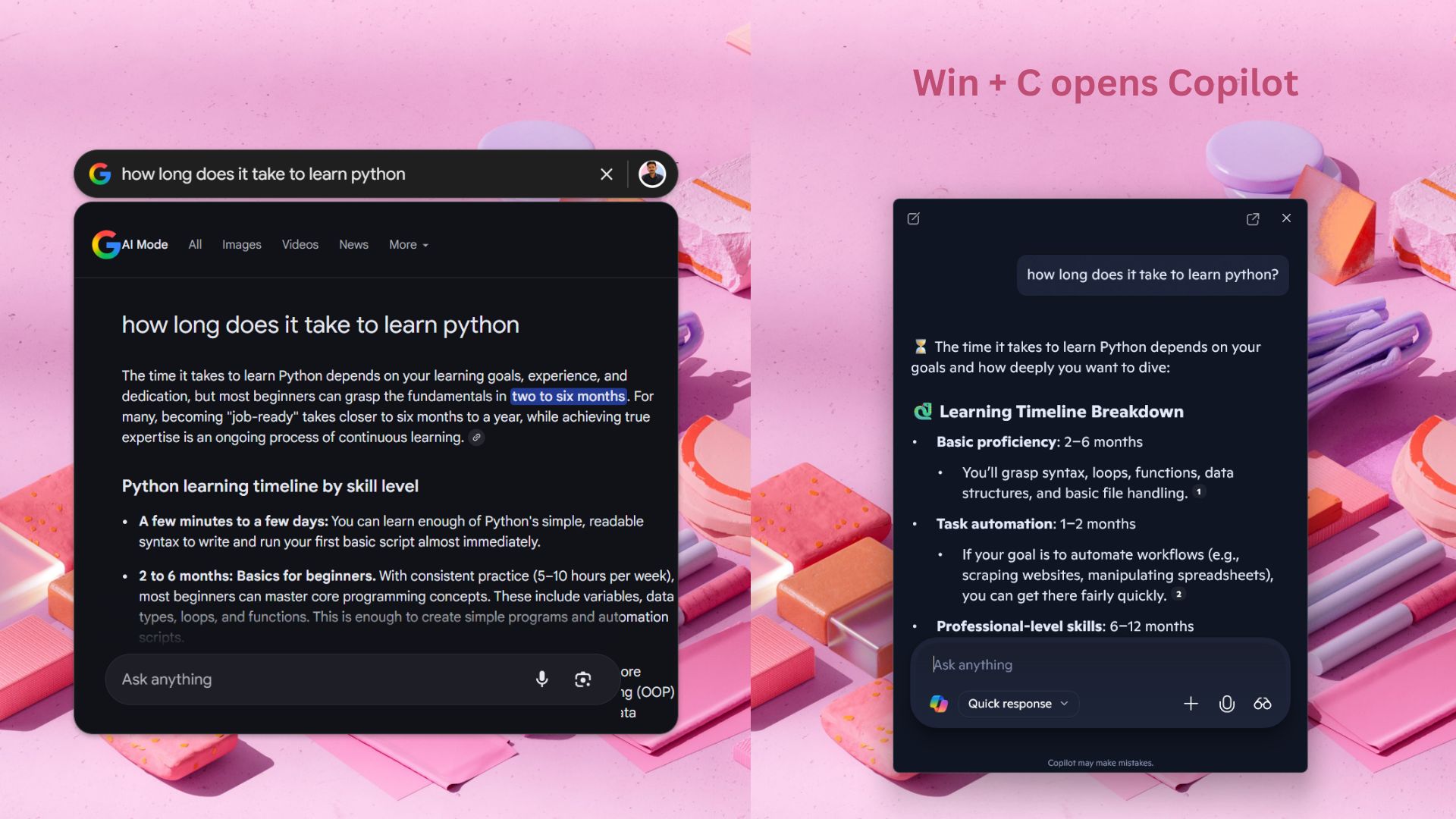Google Search app for Windows vs Copilot