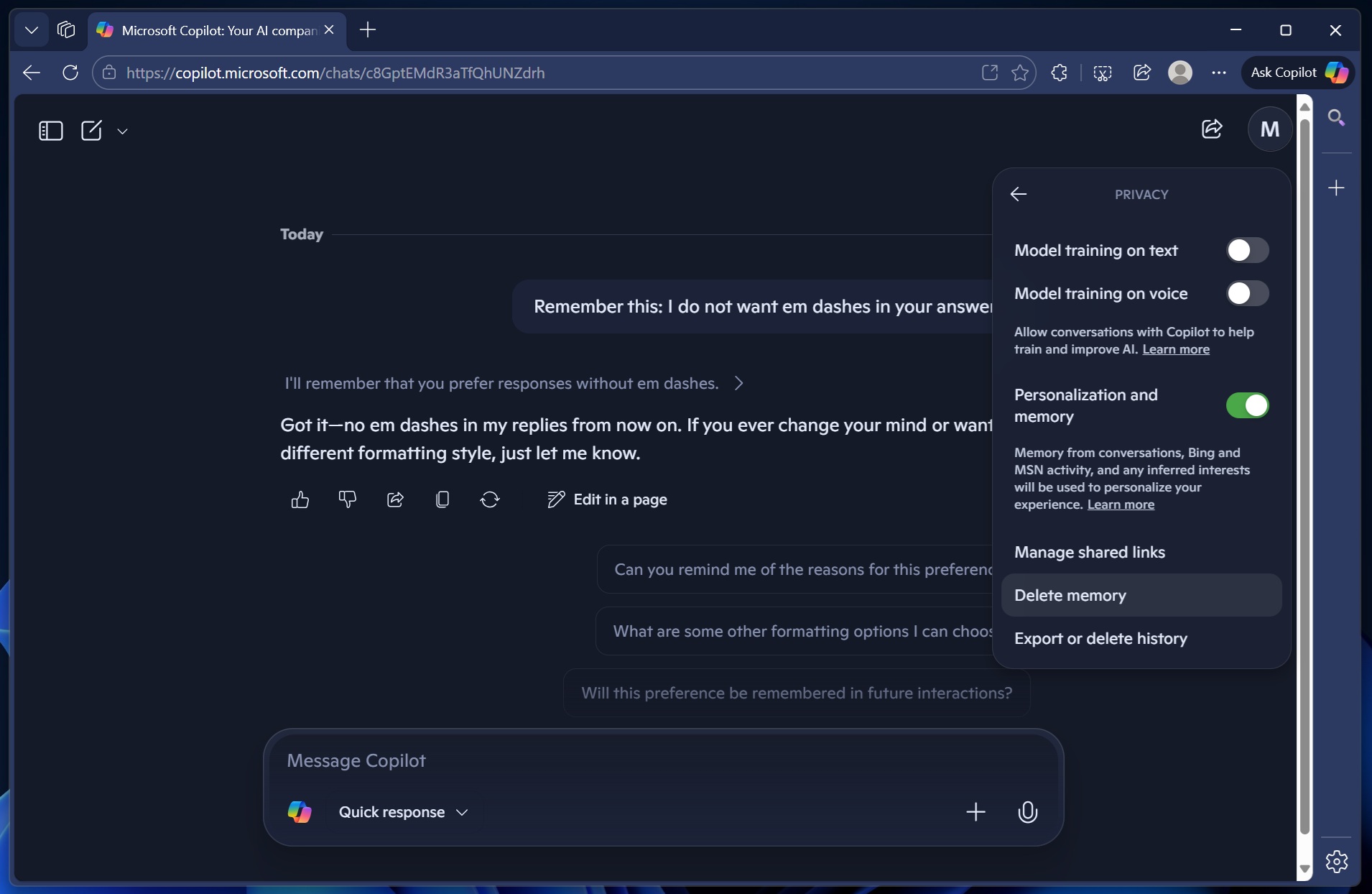 Copilot Manage memory