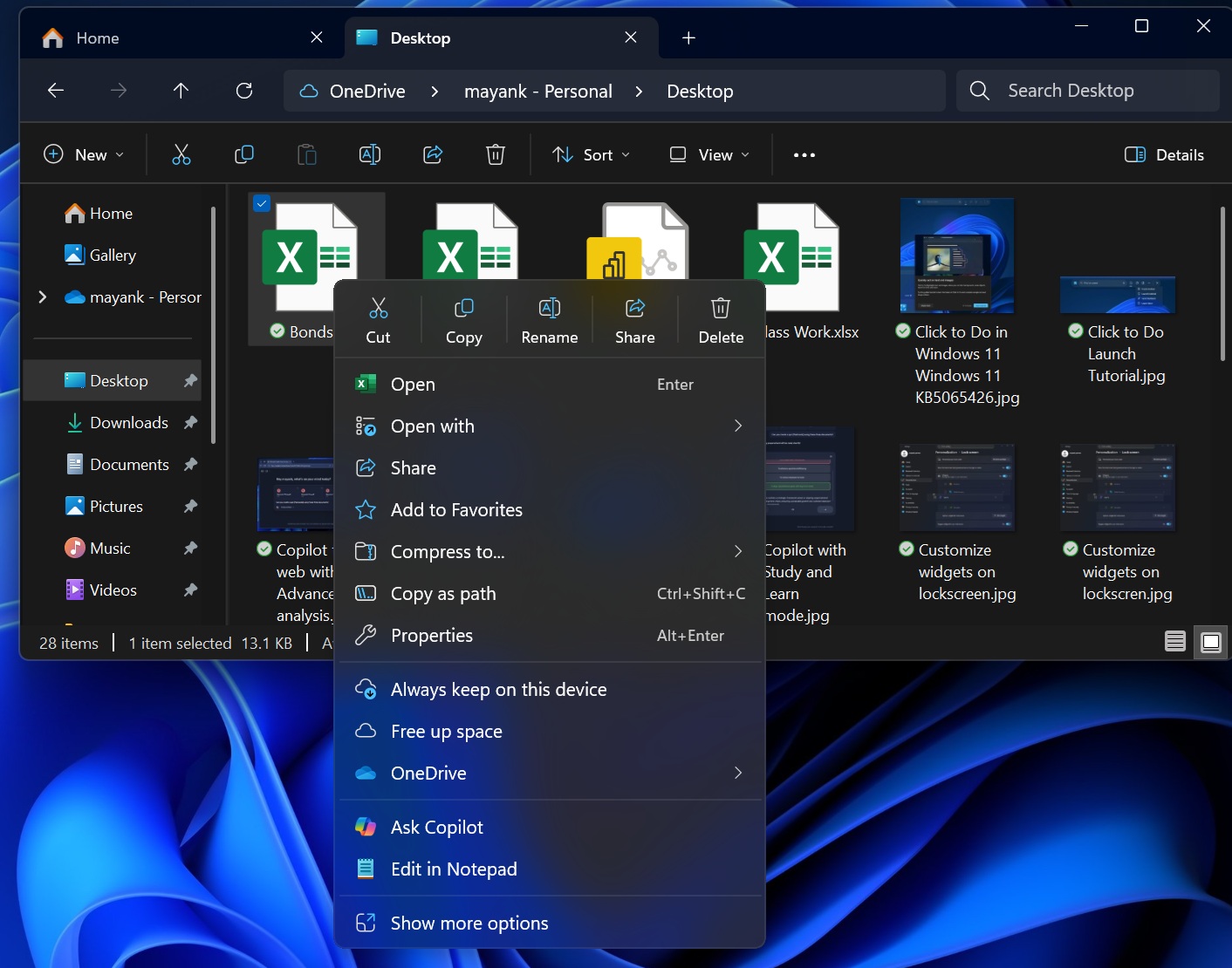 File Explorer divider for quick actions