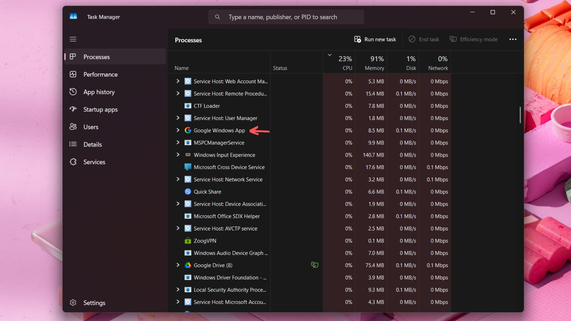Google app RAM usage in Task Manager