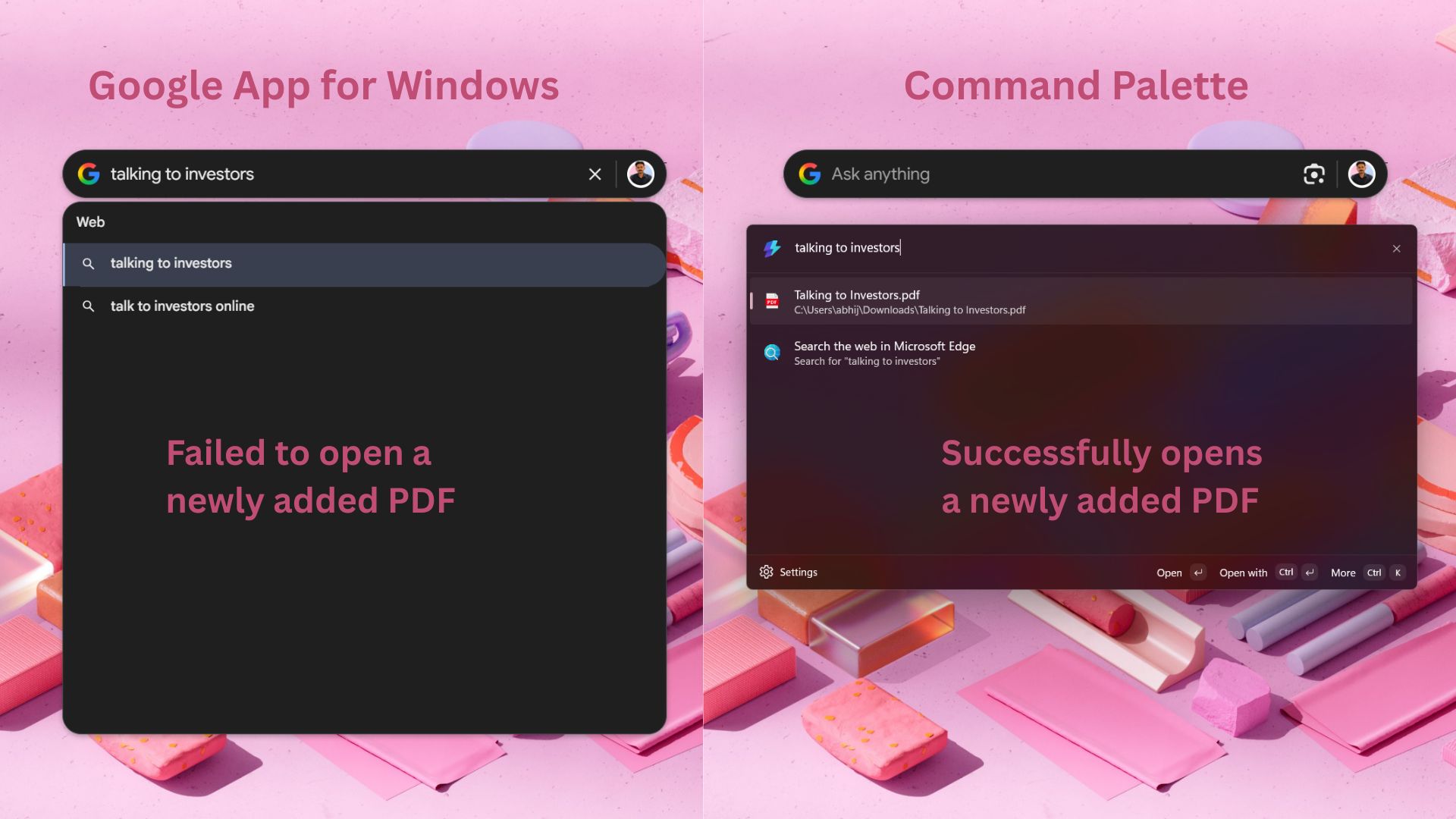 Google app for Windows vs PowerToys Command Palette