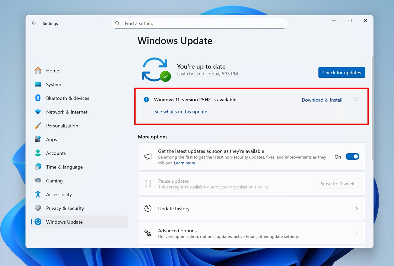 Install Windows 11 25H2 update via Windows Update