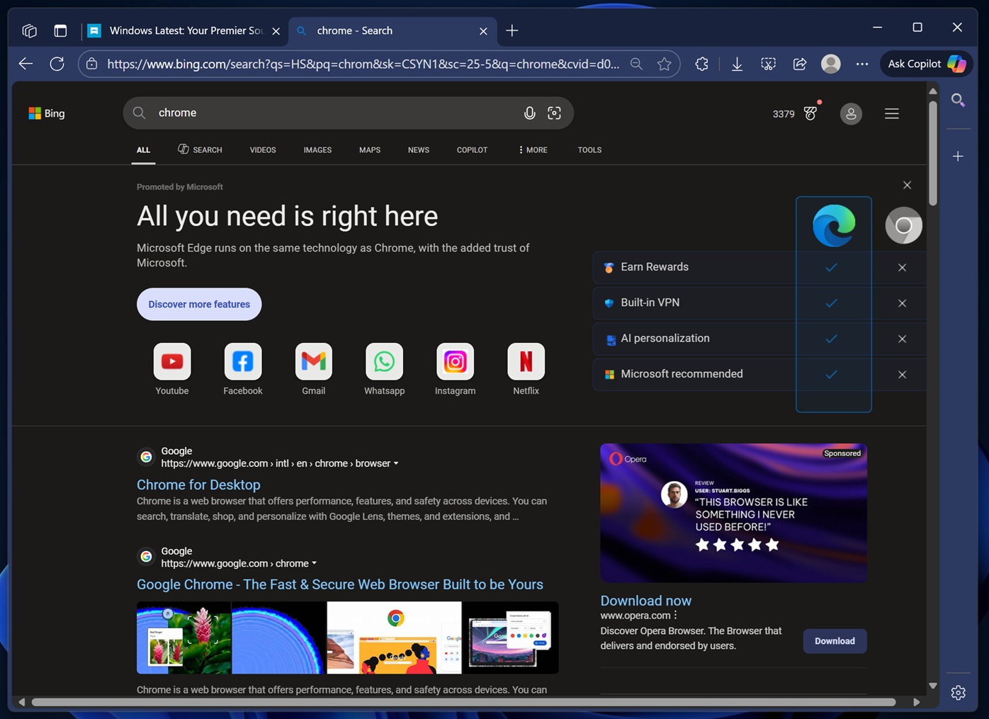 Microsoft Bing ad comparing Chrome and Edge