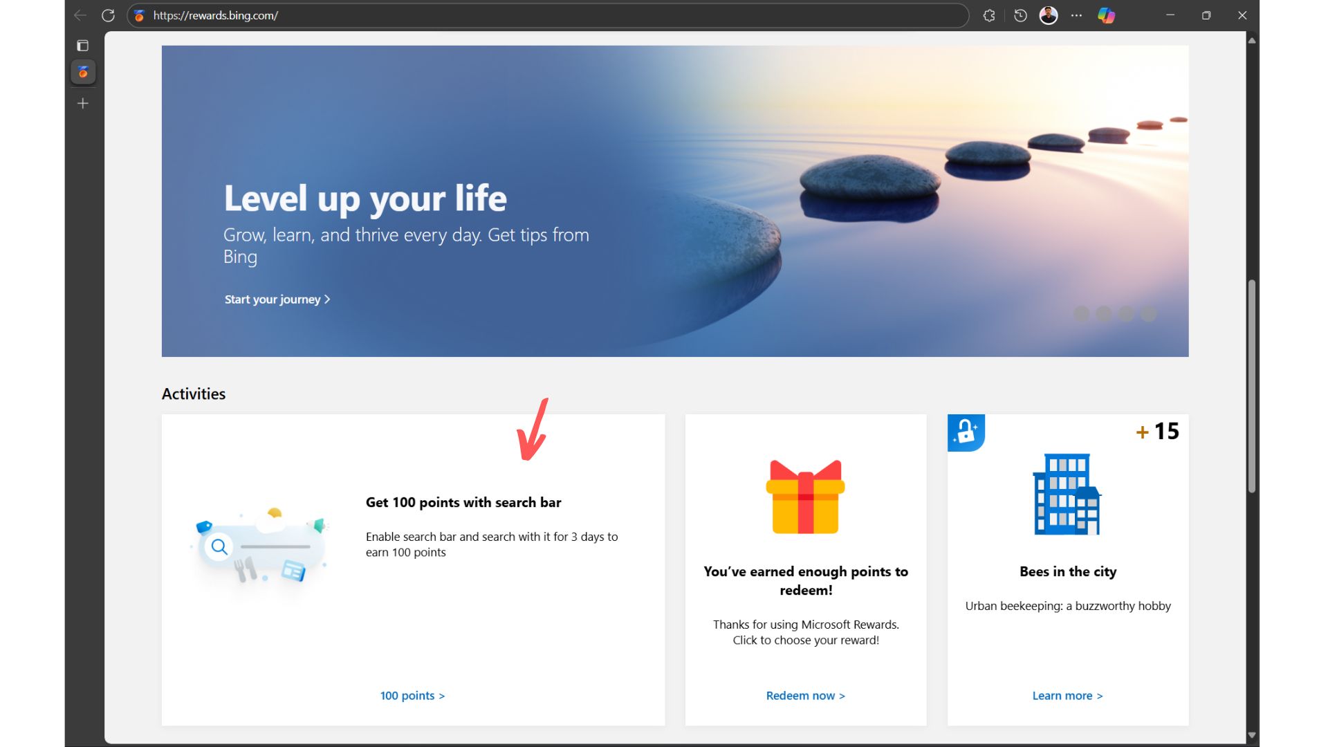Microsoft Edge Search Bar offering Rewards