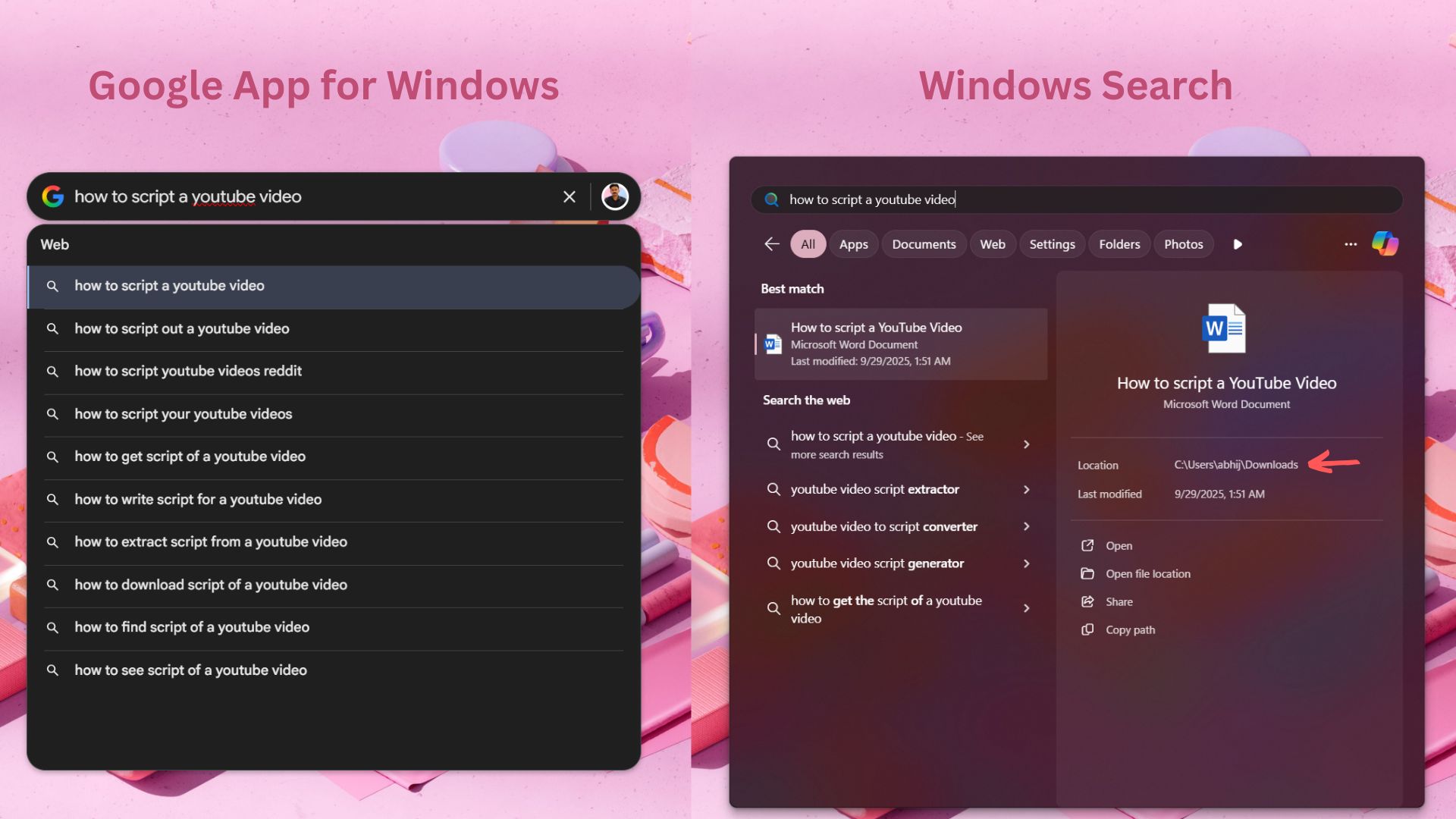 Google app for Windows vs Windows Search