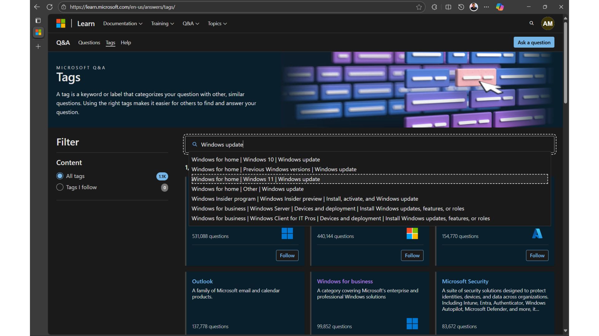 Microsoft Q&A forum tags system