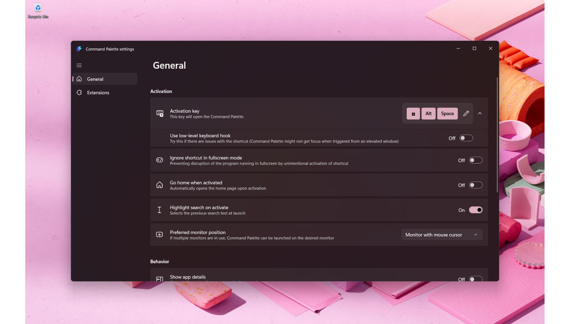 Command Pallete Settings in PowerToys