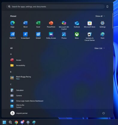 Start menu apps list