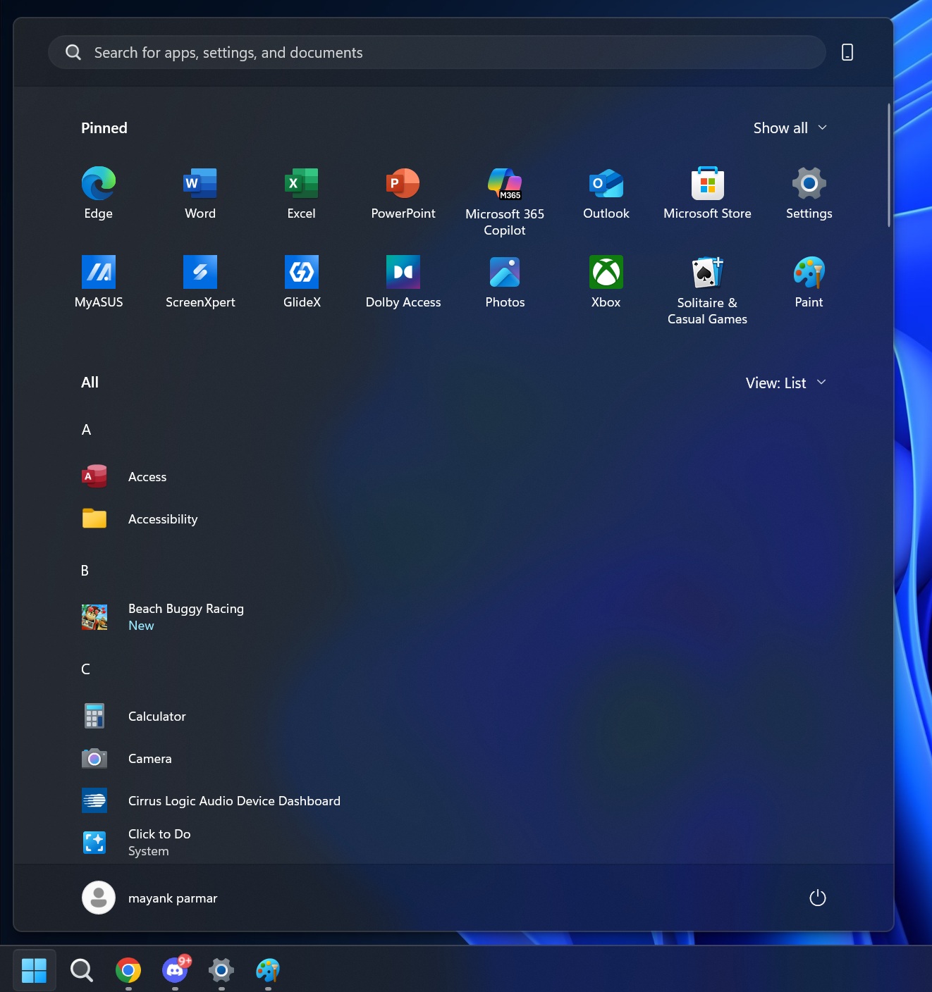 Start menu apps list