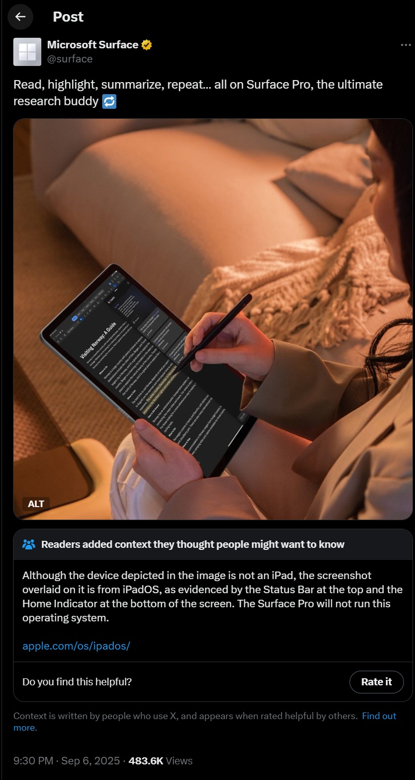Surface promotion post on X shows iPad OS