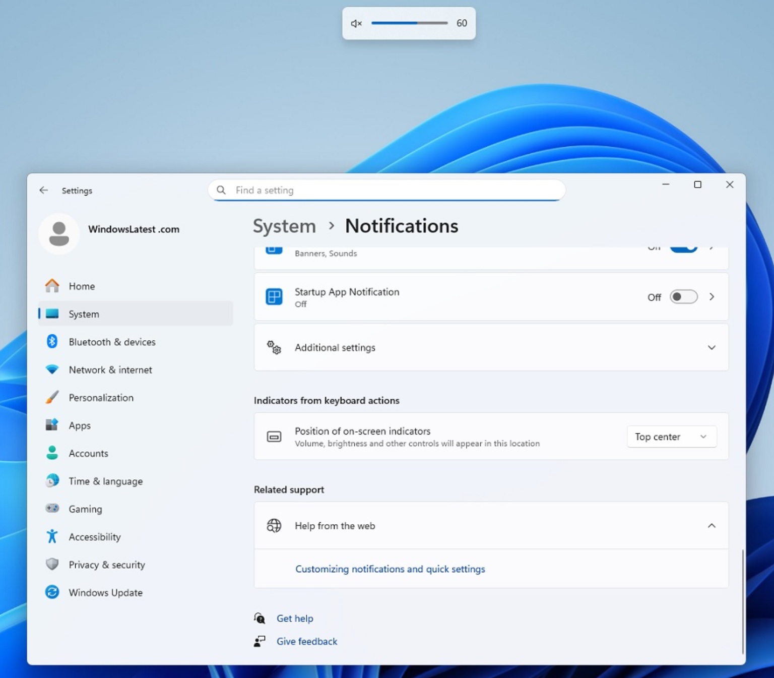 Volume indicator location in Windows 11 KB5065789