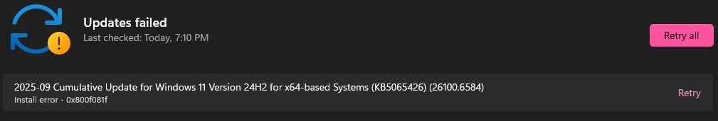 Windows 11 0x800F081F KB5065426