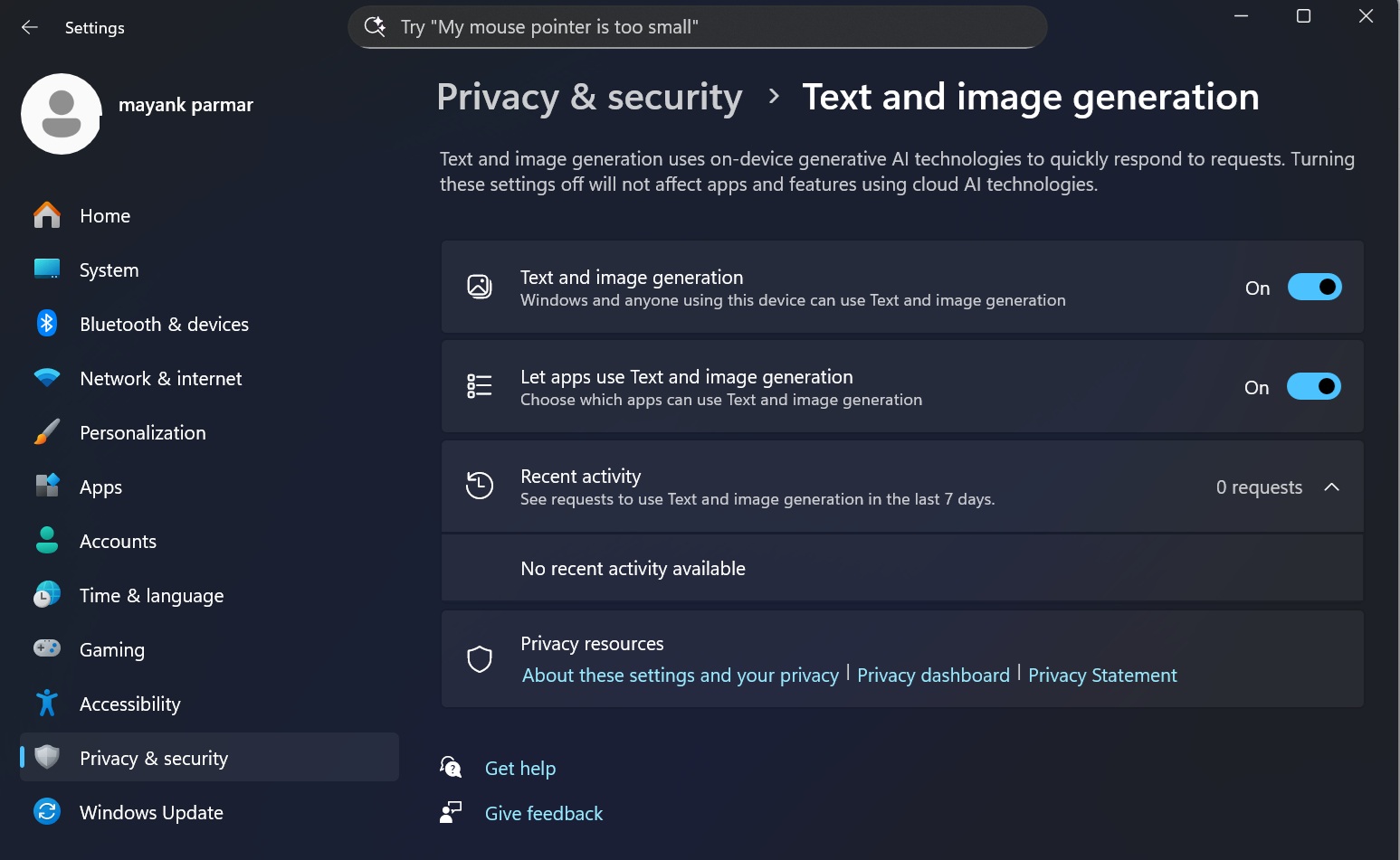 Windows 11 24H2 privacy control for text and image generation AI