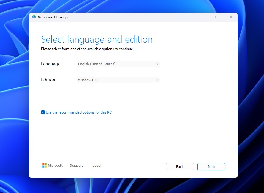 Windows 11 Select Language and edition in Setup
