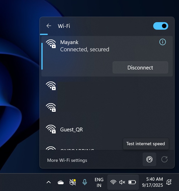 Windows 11 perform speed test toggle