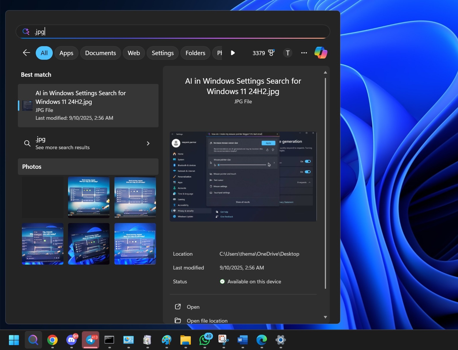 Windows Search grid view for photos images