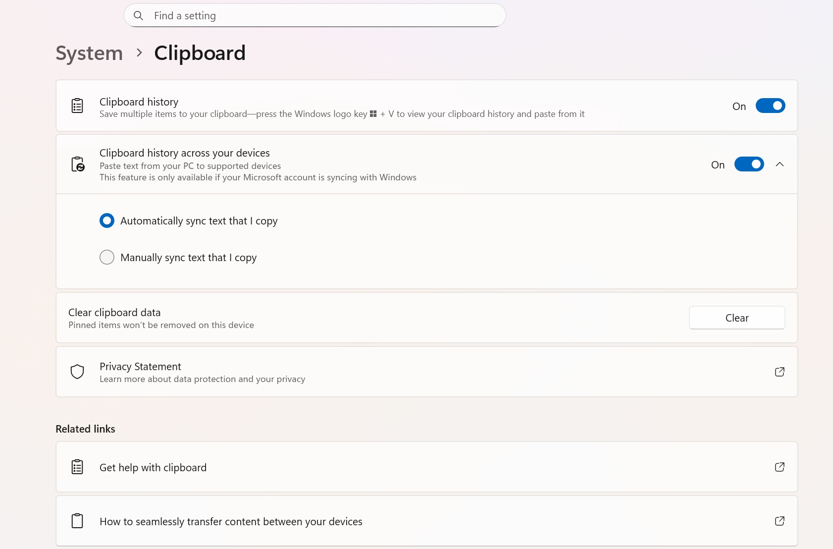 clipboard history settings windows 11