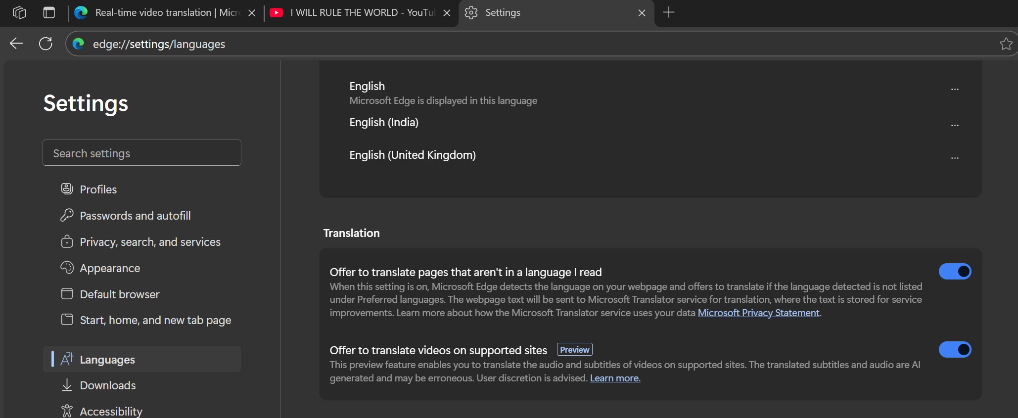 edge live video audio translation setting