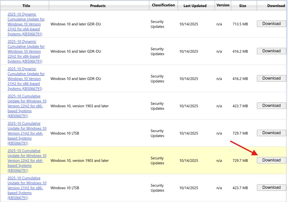 2025-10 Cumulative Update for Windows 10 Version 22H2 for x64-based Systems (KB5066791)