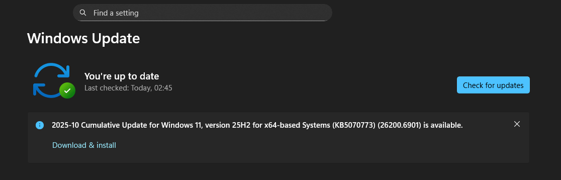 2025-10 Cumulative Update for Windows 11, version 25H2 for x64-based Systems (KB5070773) (26200.6901)