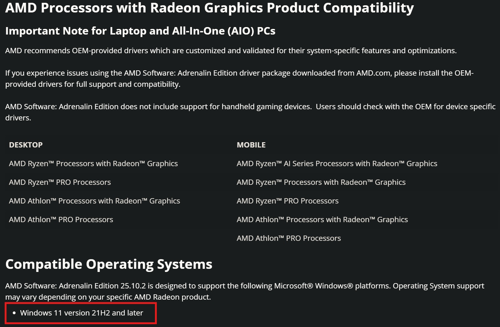AMD supported operating system