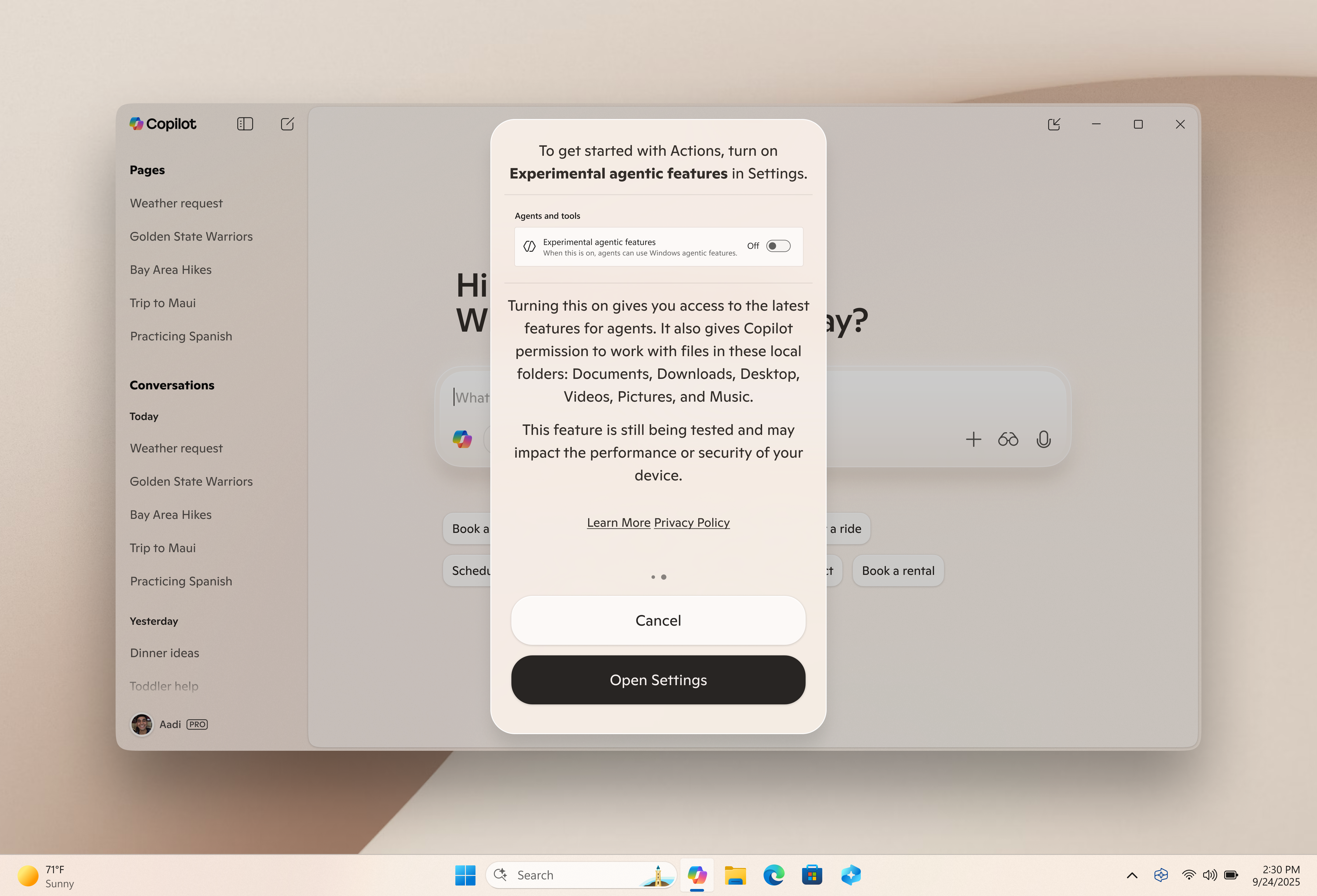 Toggle to turn on Experimental agentic features in Copilot app