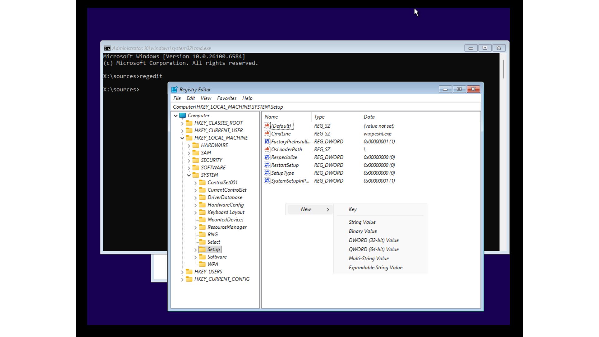 Creating a new key under Setup in HKEY LOCAL MACHINE