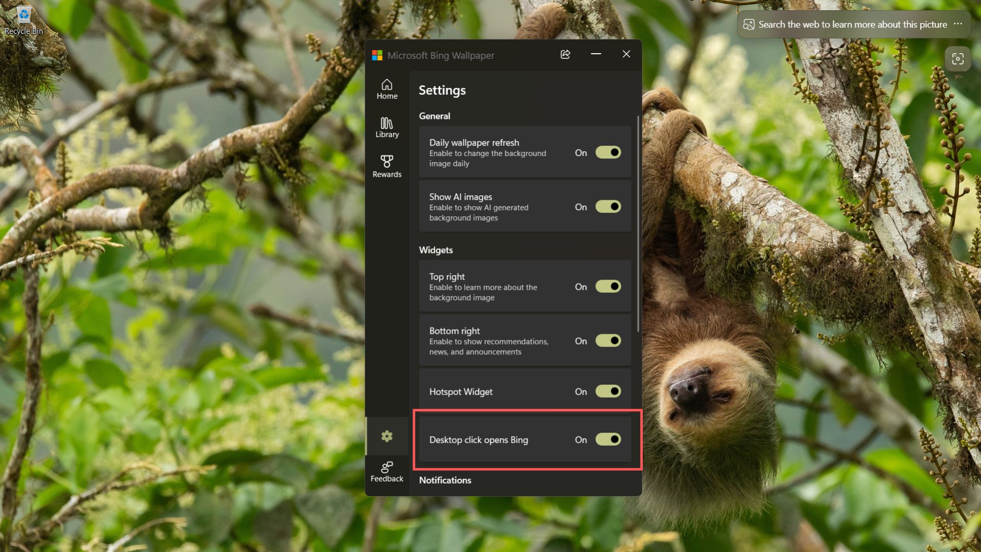 Desktop click opens Bing toggle in the Bing Wallpaper app Settings page