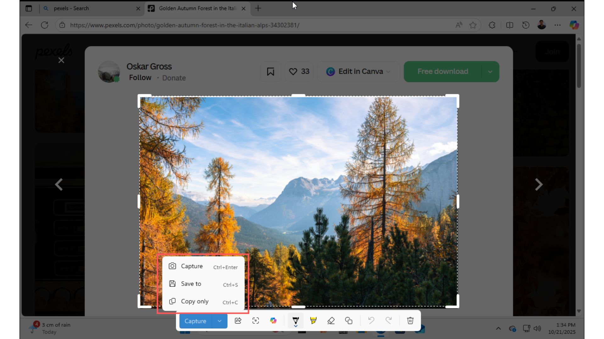 Different options in the Capture button of Snipping Tool