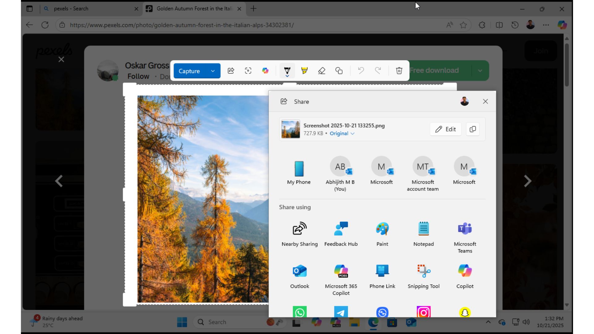 Direct share option from Capture screen in Snipping Tool