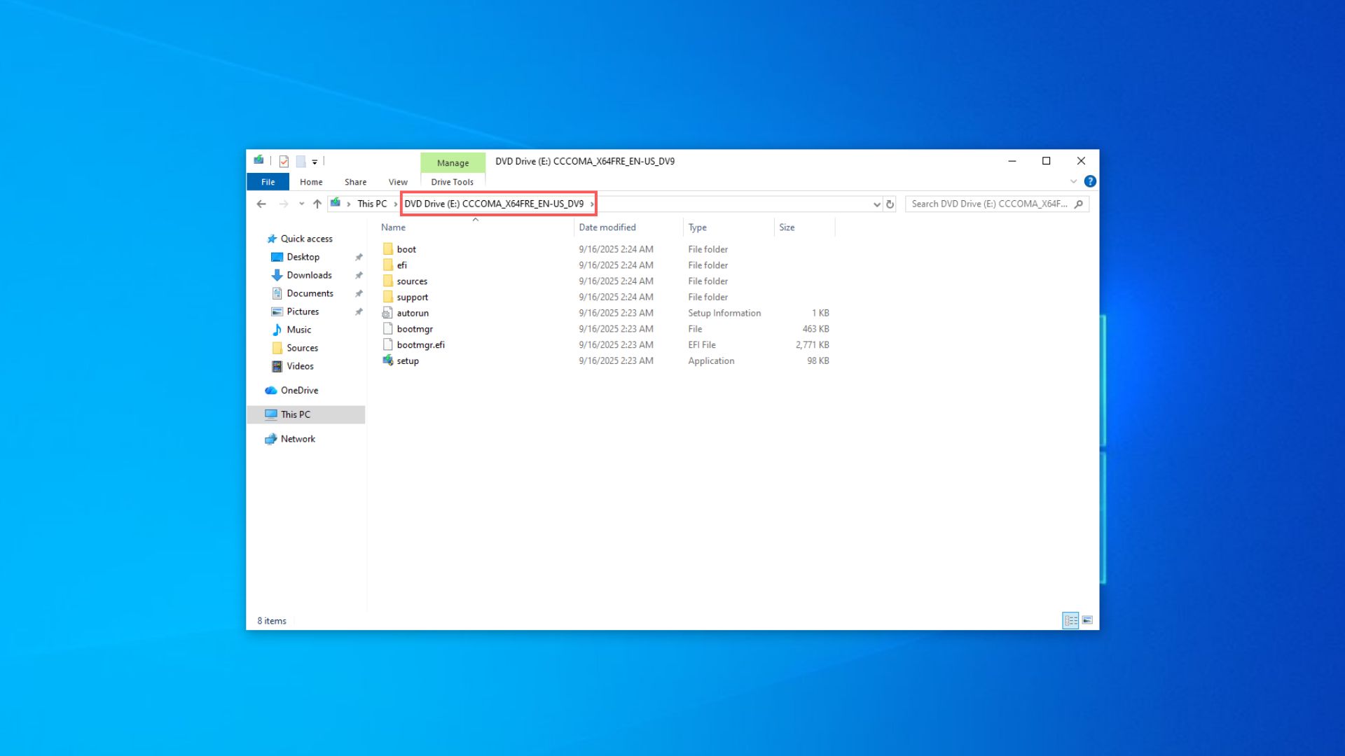Drive Letter in Address Bar of File Explorer where Windows 11 ISO is mounted