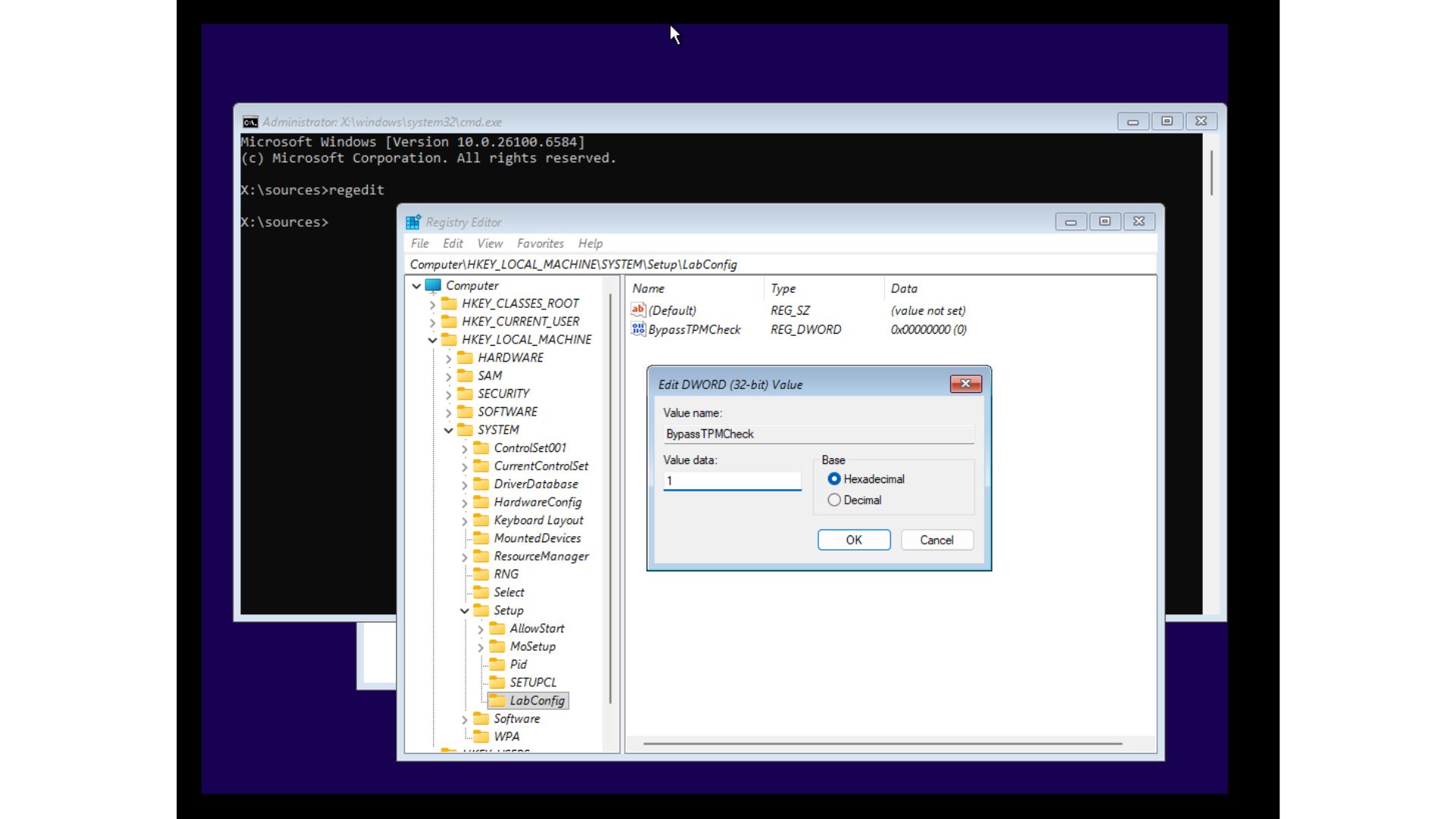 Editing Value of BypassTPMCheck DWORD Value name