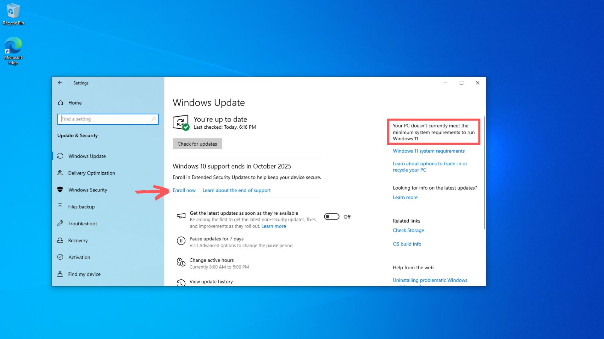 Enroll now to Windows 10 ESU option in the Update & Security page