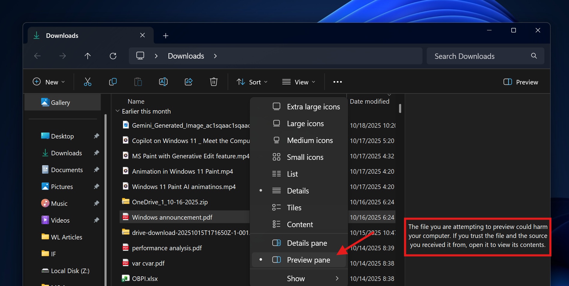 File Explorer enable preview pane
