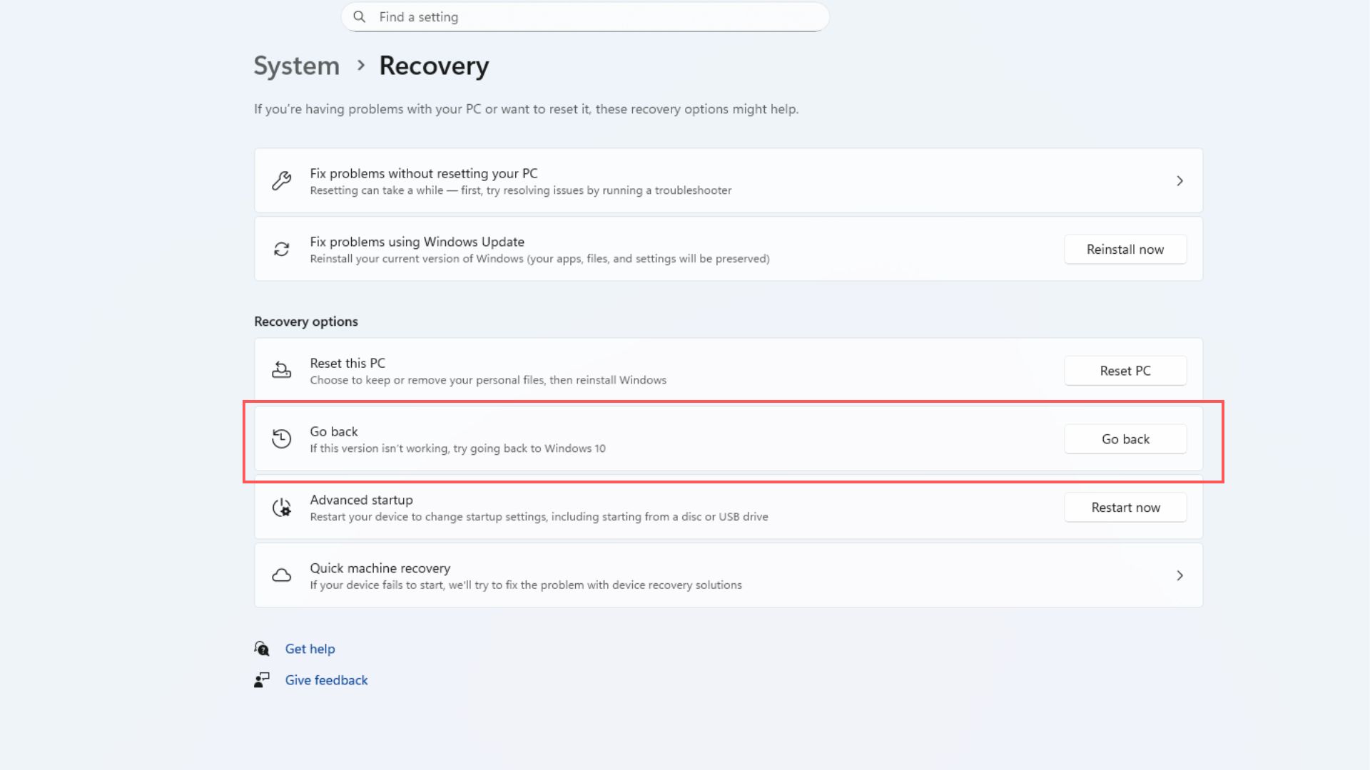 Go back to Windows 10 option in Recovery settings