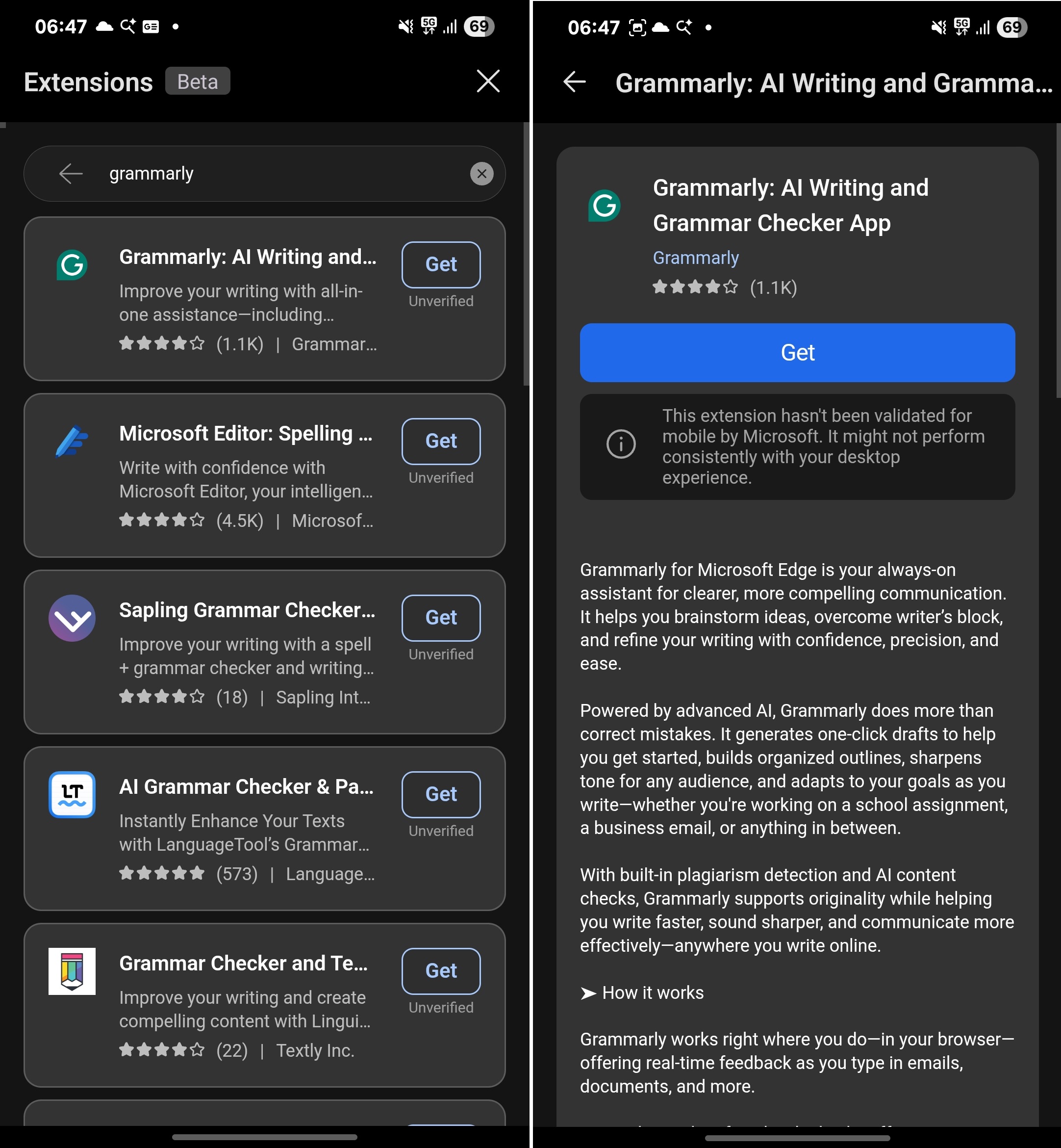 Installing desktop extension on Android mobile
