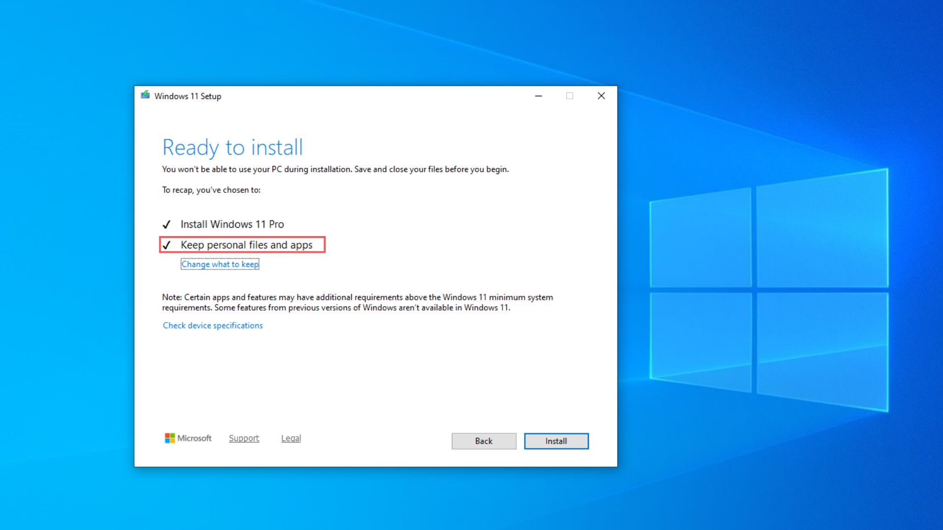 Keep personal files and apps option turned on in Windows 11 setup window done through Rufus