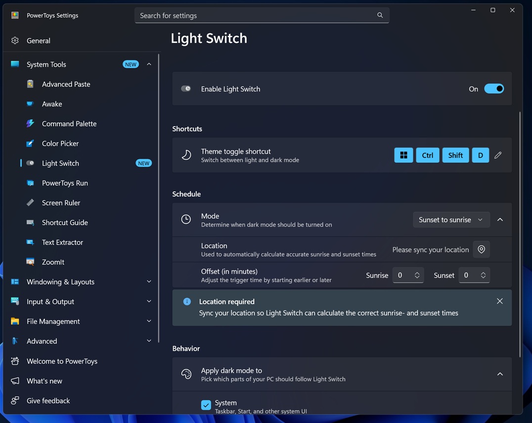 Light switch in PowerToys changing Windows 11 theme