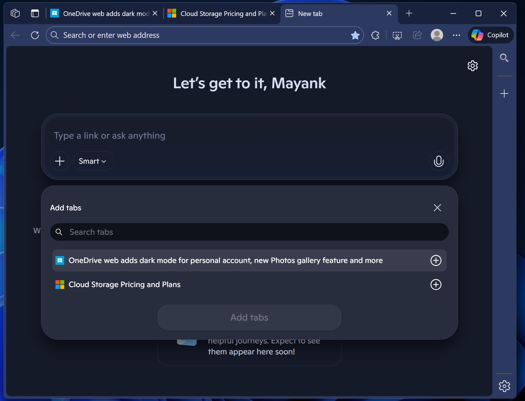Microsoft Edge Copilot mode add tabs feature