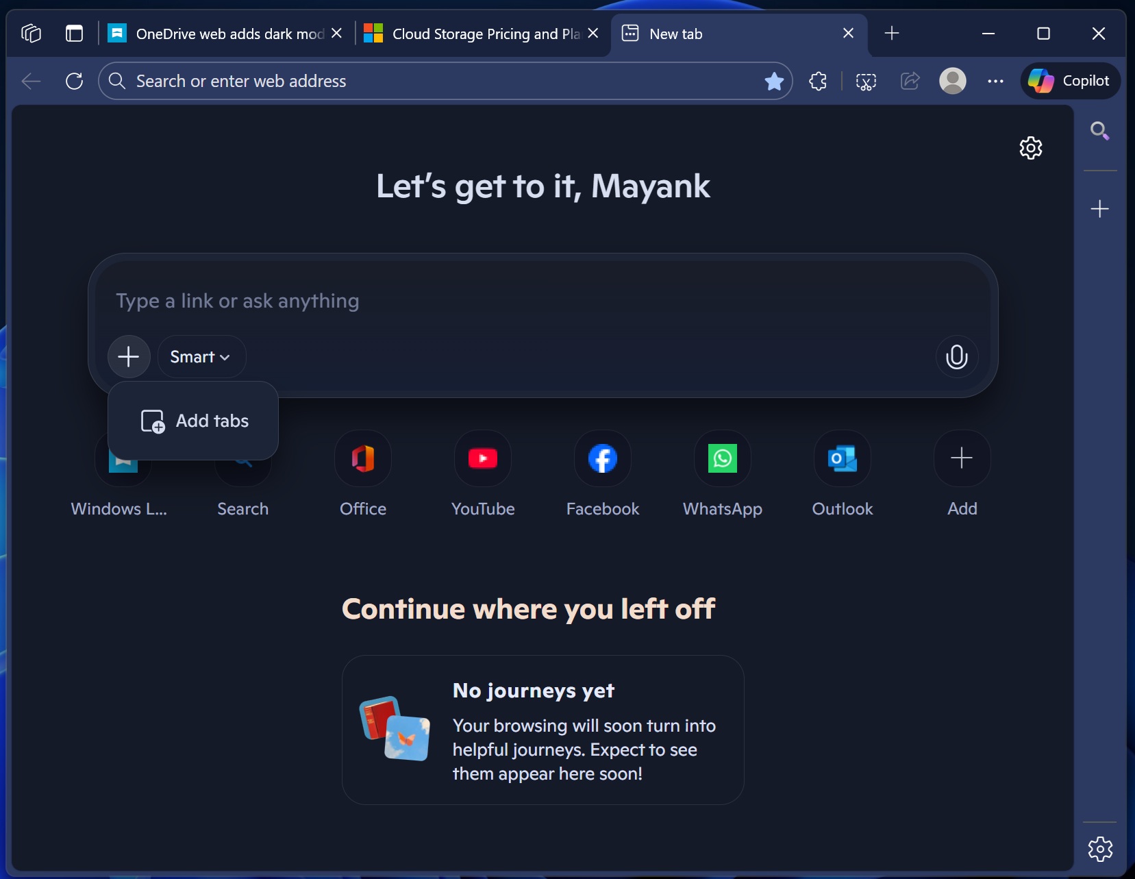 Microsoft Edge Copilot mode add tabs
